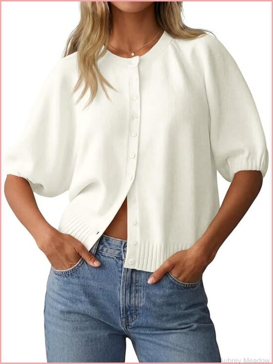 Sweaters - Short Sleeve Cardigan Lightweight Knit Crew Neck Button Down Sweater